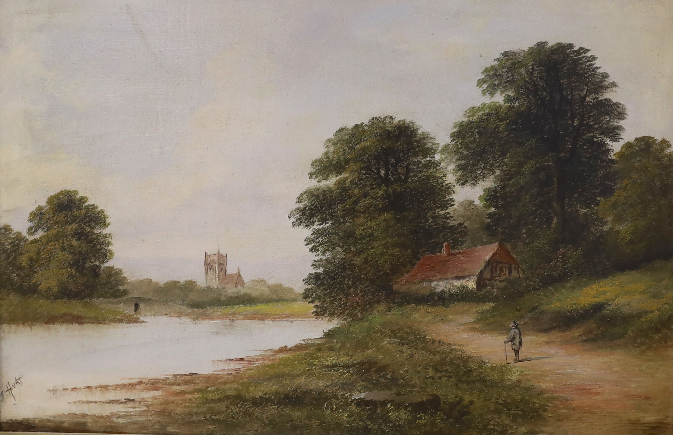 F. Hunt, c.1900, oil on canvas, River landscape with figure on a lane, signed, 50 x 75cm